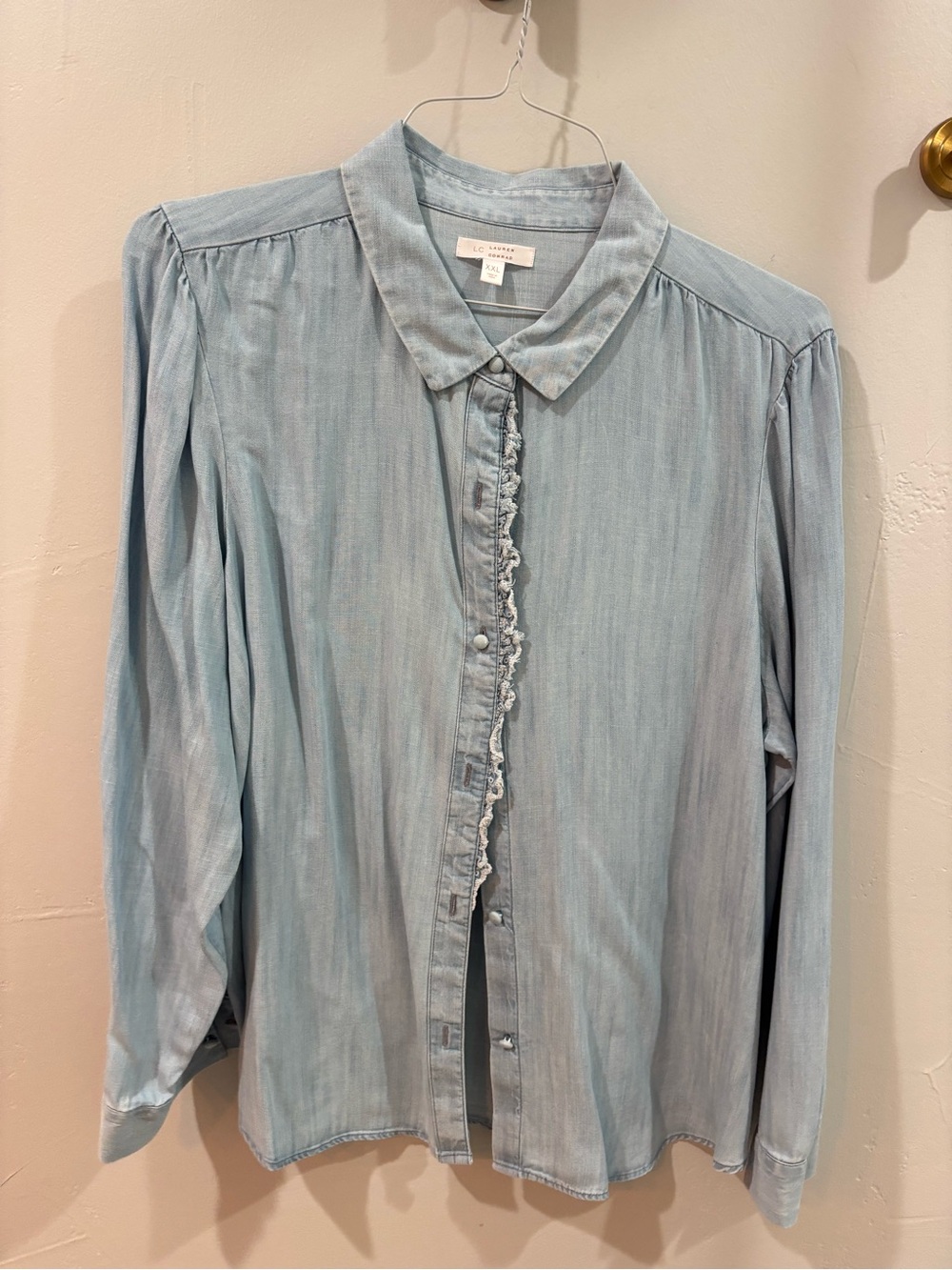 LC Lauren Conrad Light Blue Button-Front Shirt with Subtle Ruffle